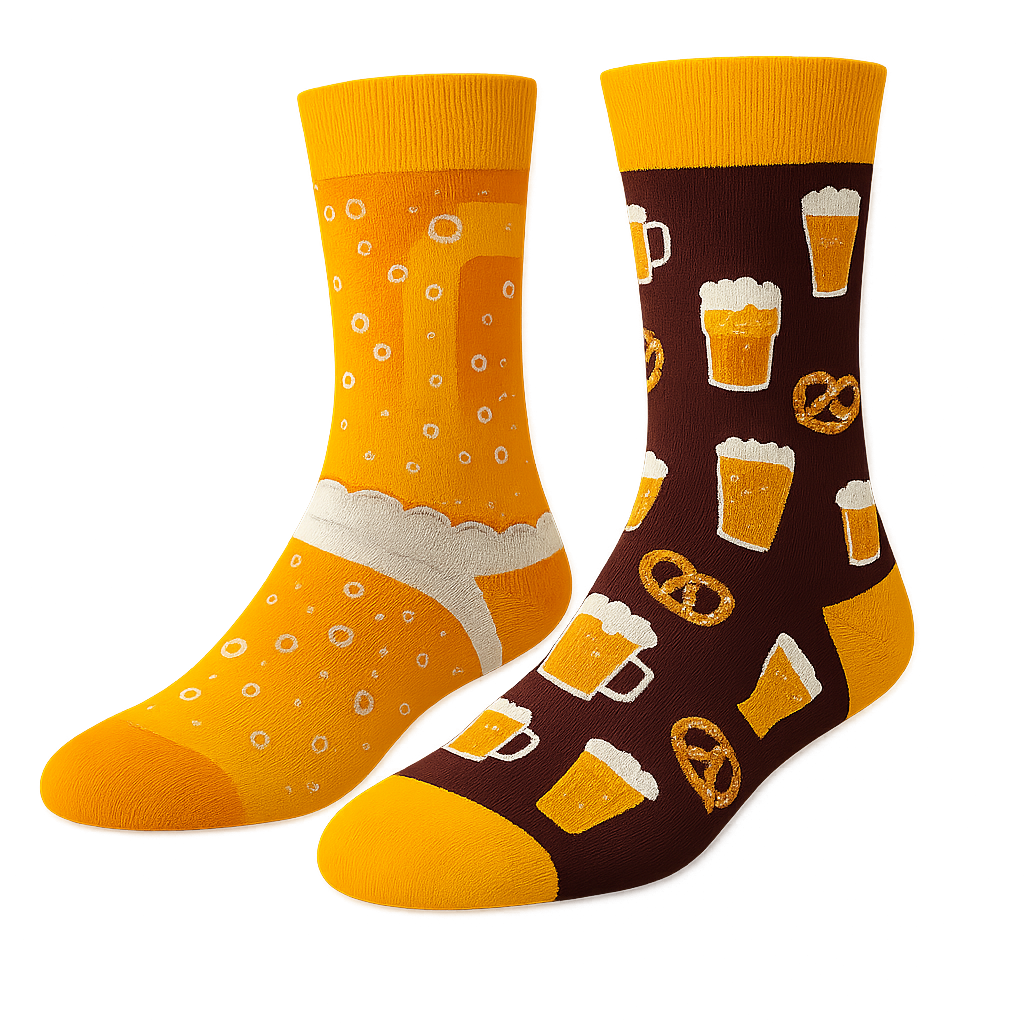Twee verschillende biersokken van mijneigensokken.nl. Eén lijkt op een gevuld biertje met schuim, de ander met bierpullen & krakelingen. Perfect voor Oktoberfest of als cadeau!